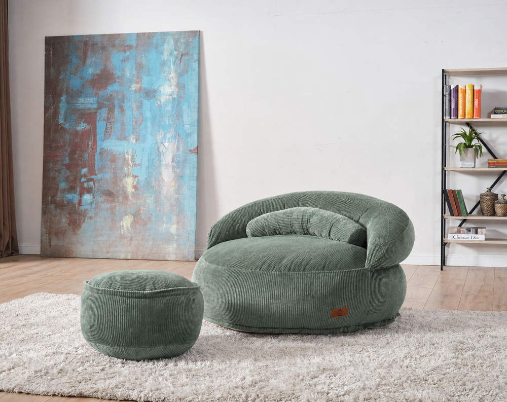 Pouf Lyzza Felix vert avec fauteuil, coussin et repose-pieds